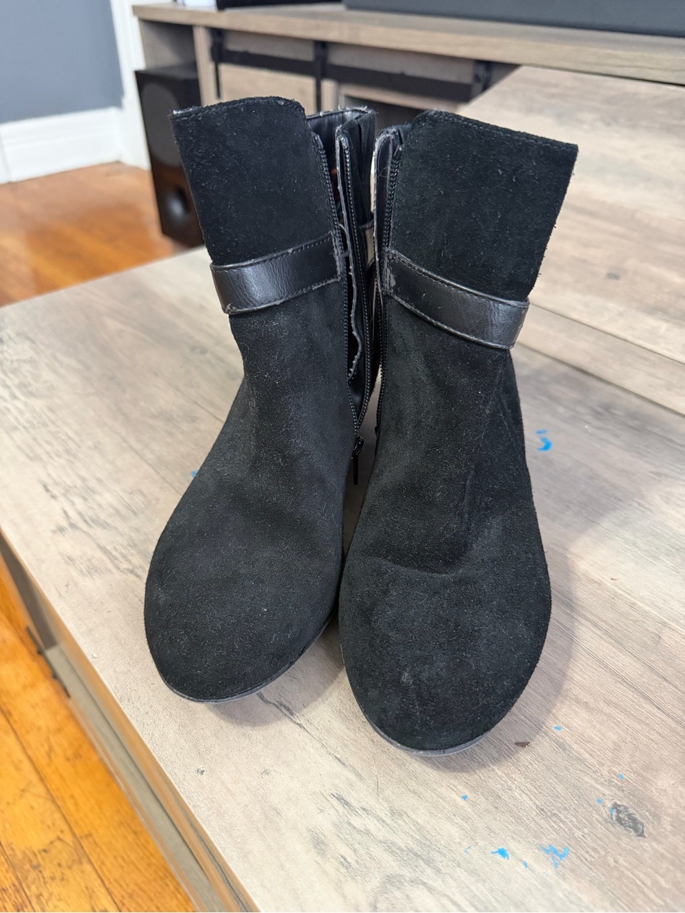 White Mountain Black Suede Ankle Booties with Leather Strap